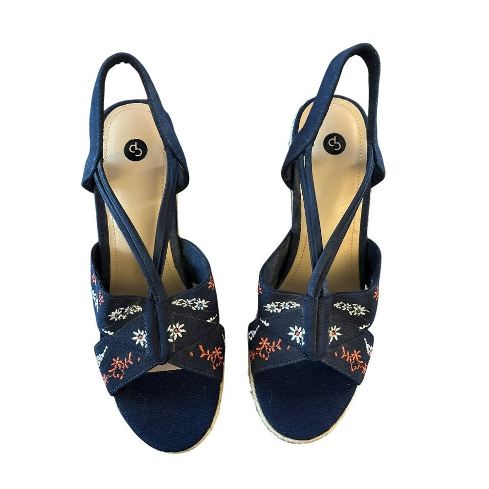 Dressbarn DB Torri Navy Embroidered Platform Wedge Sandals Size 8M